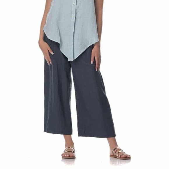 John P Greece Blue Black Linen Women's Wide Leg Cropped Pants Size Medium - Picture 1 of 12